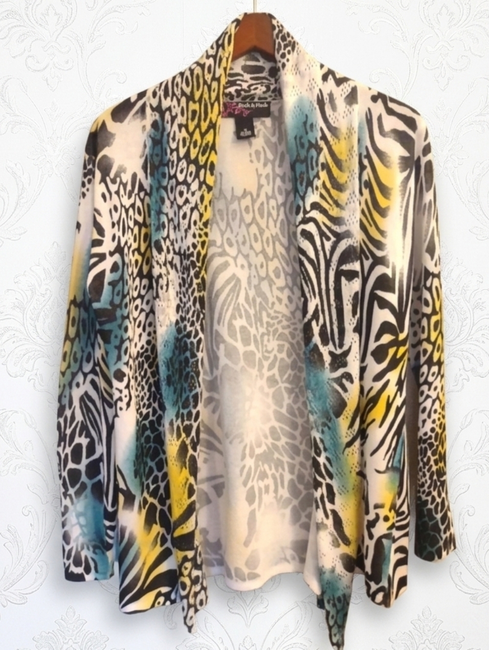 Peck & Peck Animal Print Open Front Cardigan - Zebra Leopard Teal Yellow